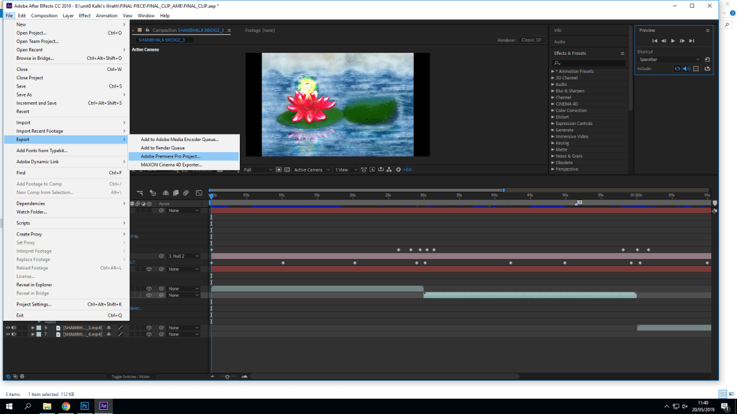 Exporting the video on to Premier Pro